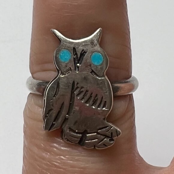 Owl with Turquoise Sterling Silver 925 Ring, Size 7.5